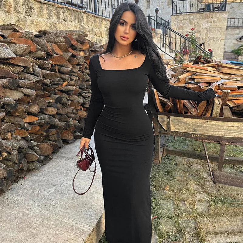 Fashion Slim Back Tie Up U Neck Long Sleeve Dress