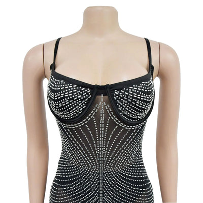 Mesh Hot Diamond Suspender Long Dress