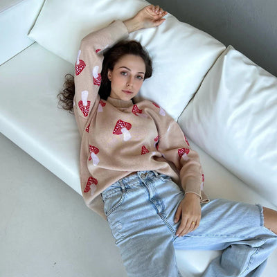 Niche Design Ins Style Mushroom Jacquard Sweater Women’s
