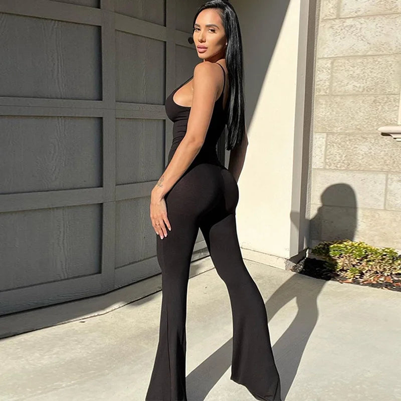U Neck Backless Slim Color Suspender Jumpsuit