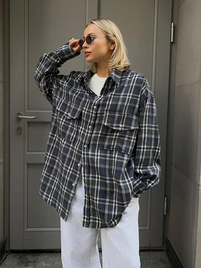 Style Retro Double Pocket Check Striped Mid Length Shirt