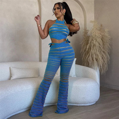 Transparent Striped Set With A Tie Back Top And Flared Pants