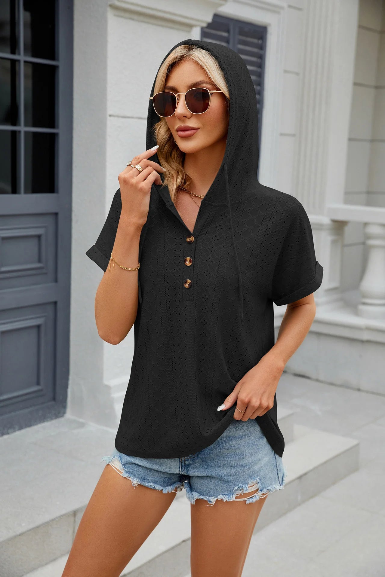 Loose Short Sleeve Button Down Blouse