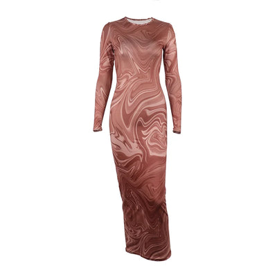 Round Neck Long Sleeve Bodycon Dress With Printed Skirt At The Hip