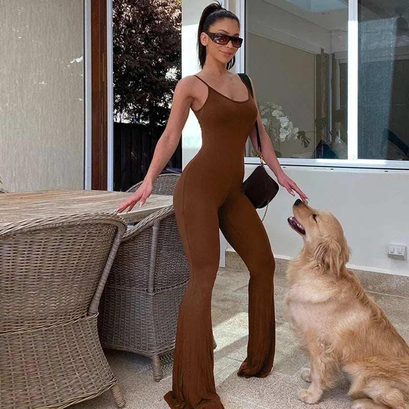 U Neck Backless Slim Color Suspender Jumpsuit
