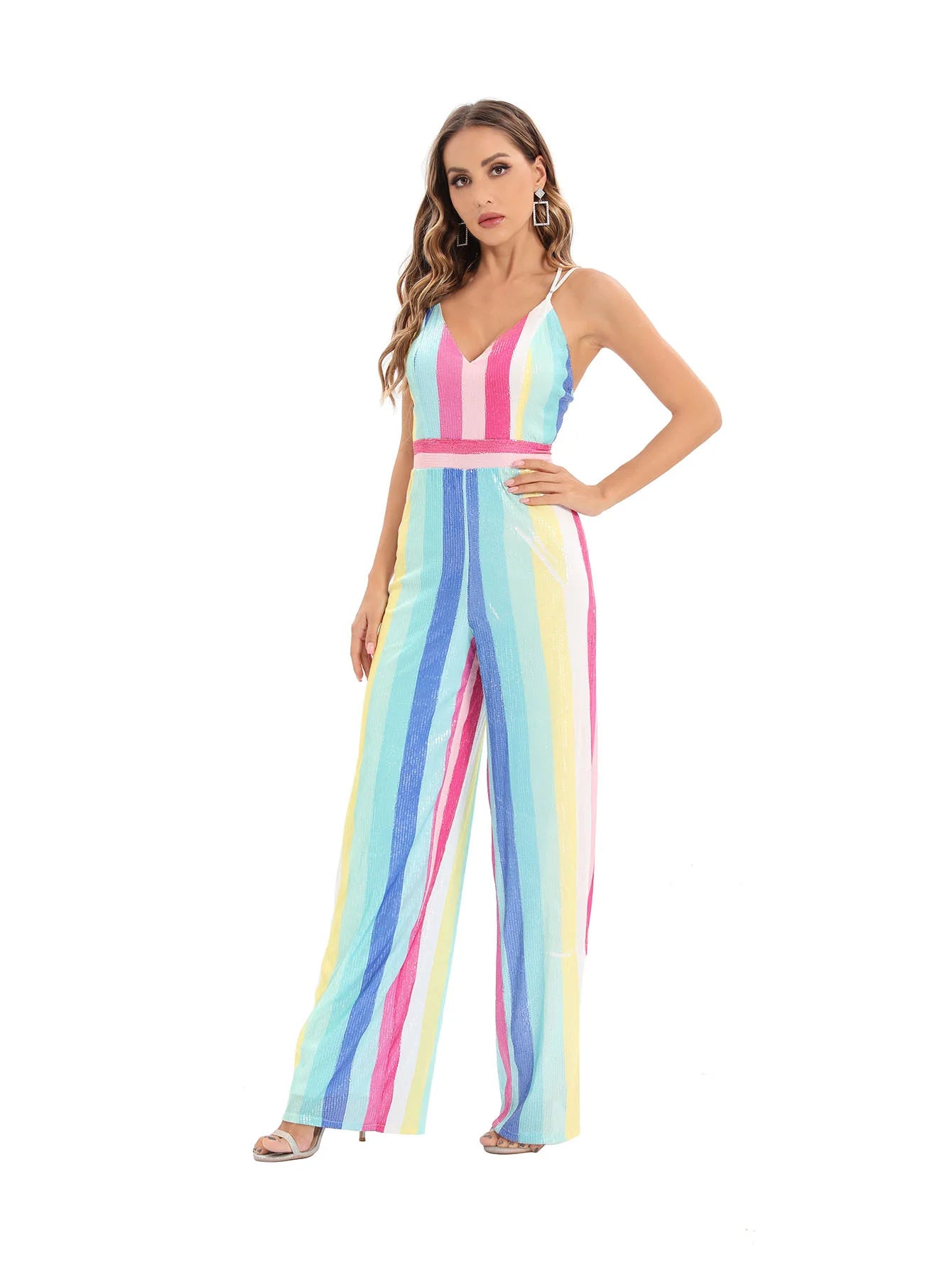Striped Jumpsuit Sequins Deep V One Piece Casual Pants