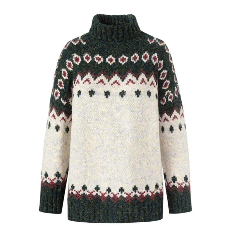 High Necked Pullover Long Sleeved Sweater Jacquard Knitted Thick Sweater