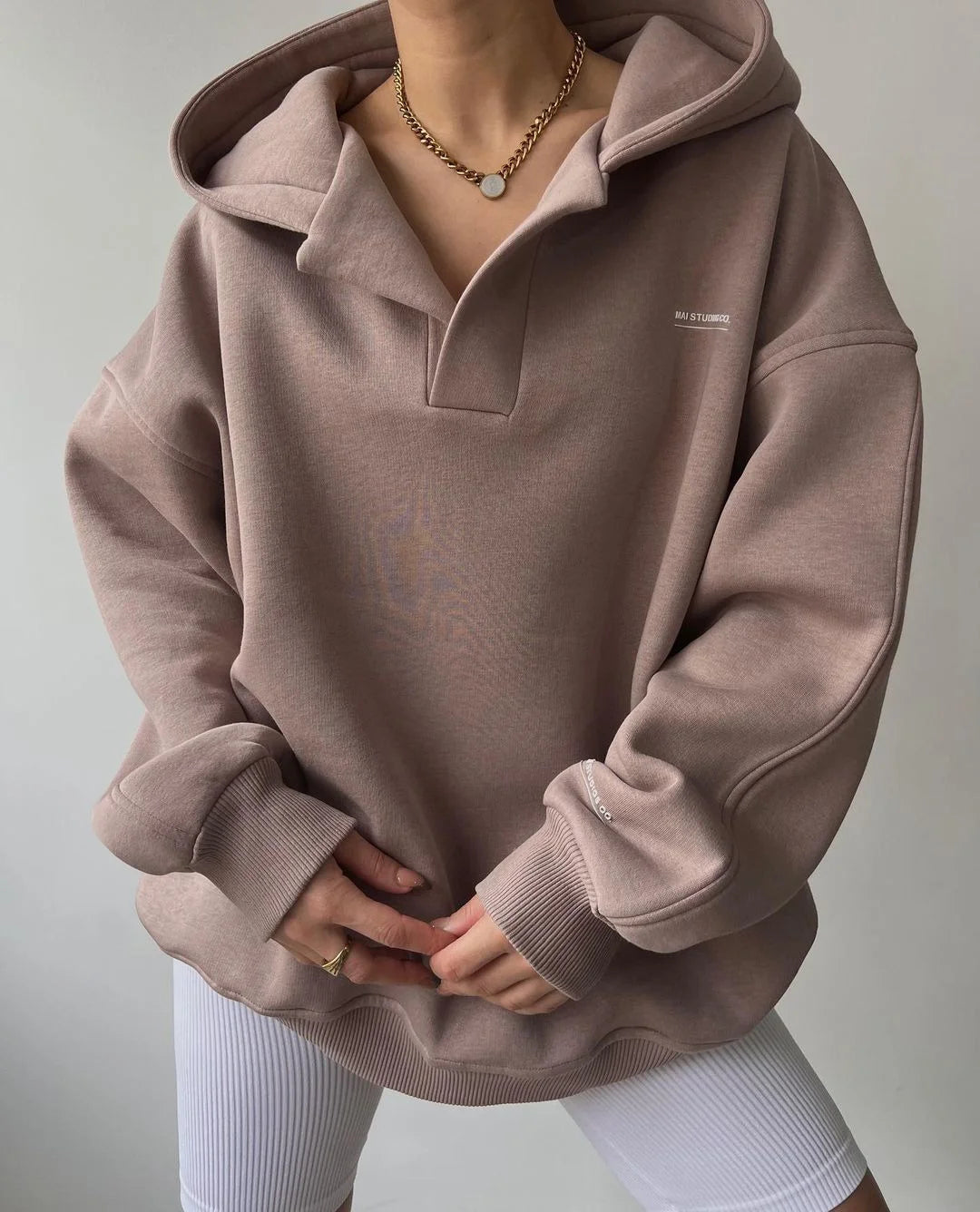 Solid Color Hoddie With V Neck