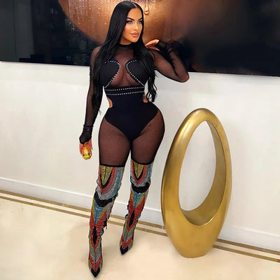 New Mesh Stitching Hot Diamond See Through Sexy Tight Hip Lift Jumpsuit