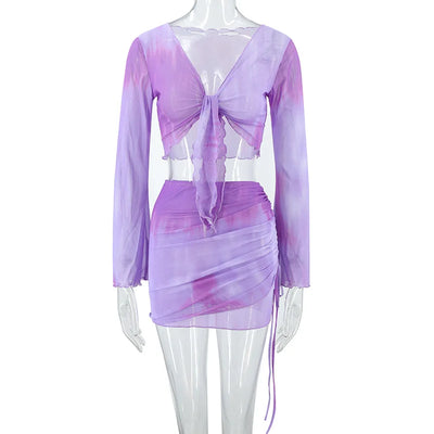 Tie Dye Print V Neck Tie Gradient Mesh Flared Sleeve Top Short Skirt Set