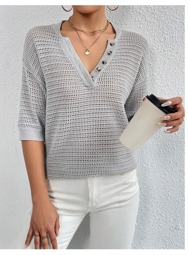 Short Sleeve V Neck Knitted Sweater