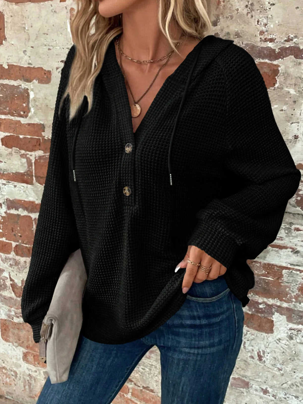 Solid Color Button Down Loose Long Sleeve Hoodie