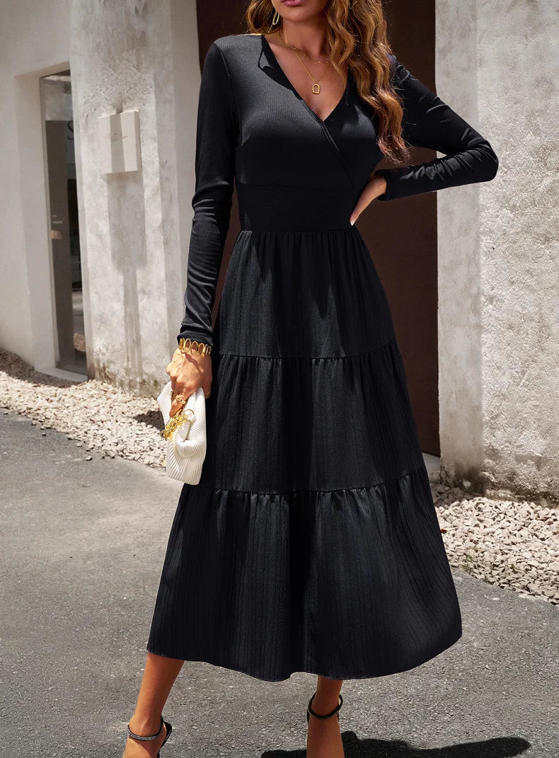 Long Skirt Temperament Commuter V Neck Long Sleeve Temperament Elegant Dress