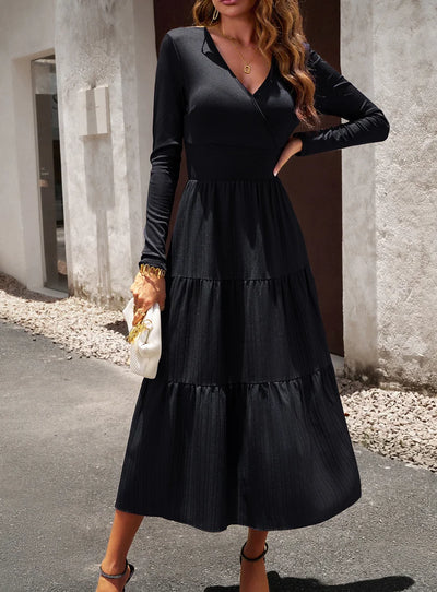 Long Skirt Temperament Commuter V Neck Long Sleeve Temperament Elegant Dress