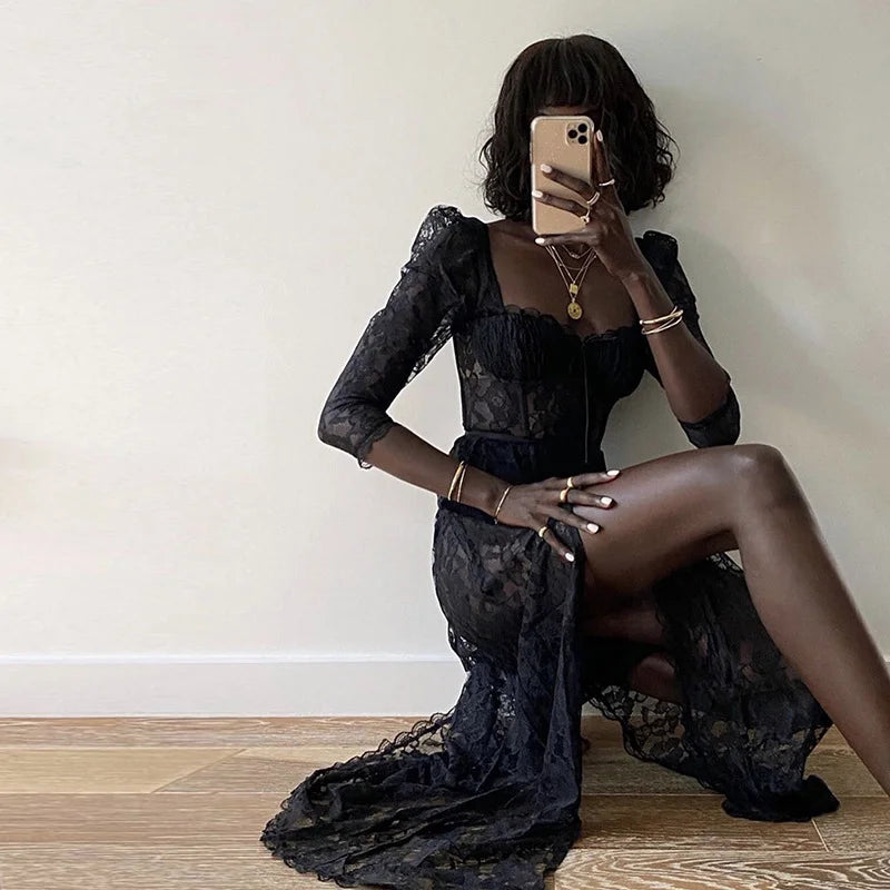 Sheer Lace Square Neck Cropped Sleeve Sexy Slit Slim Dress Women