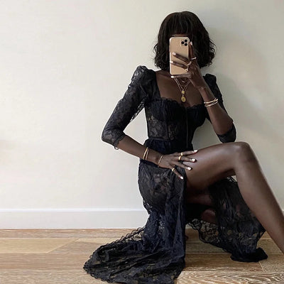 Sheer Lace Square Neck Cropped Sleeve Sexy Slit Slim Dress Women