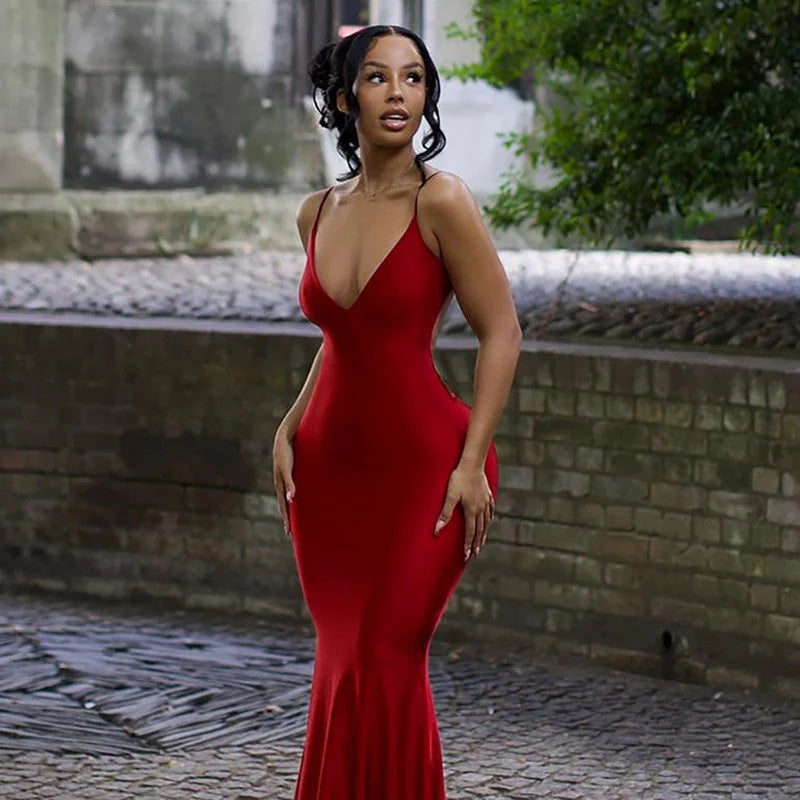 Red Dress Skirt Deep V Sexy Open Back Suspender Fishtail Dress