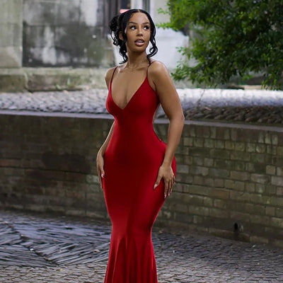 Red Dress Skirt Deep V Sexy Open Back Suspender Fishtail Dress