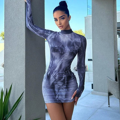 Print Slim Round Neck Long Sleeve Hip Dress