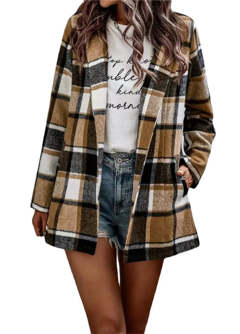 Loose Check Print On Long Sleeve Pocket Woolen Cardigan
