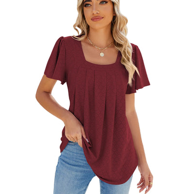 Pure Color Square Collar Wrinkled Short Sleeved Loose T-Shirt Blouse