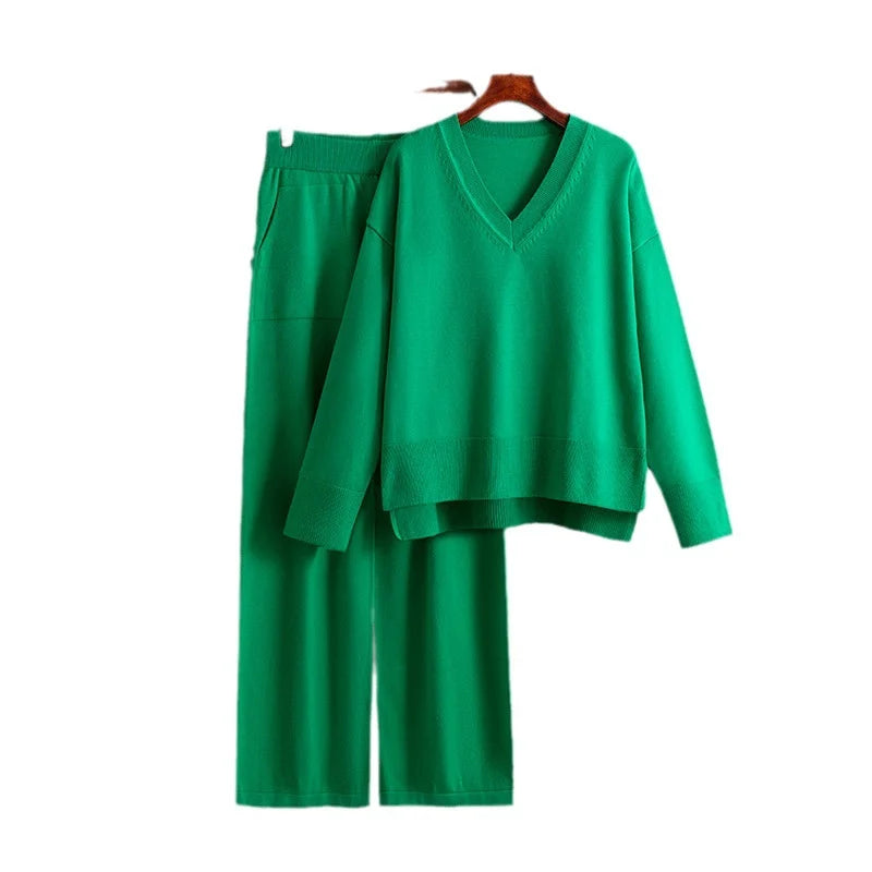 Two Piece Casual Sweater With Solid Color Pants