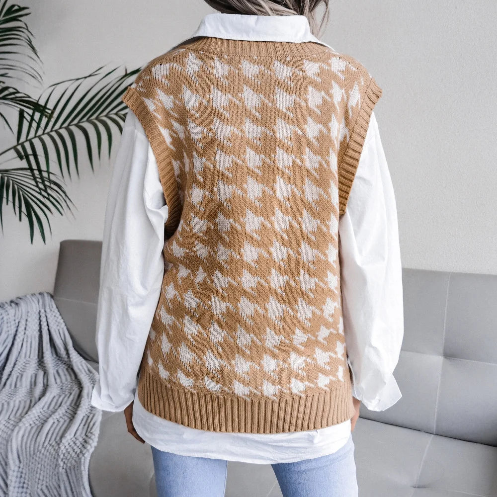V Neck Houndstooth Casual Loose Knit Vest Sweater