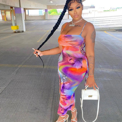 Street Hipster Straight Neck Dress With Printed Bow