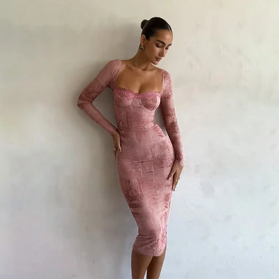 One Shoulder Lace Long Sleeve Slim Dress New Fashion Haute Cuff Long Dress