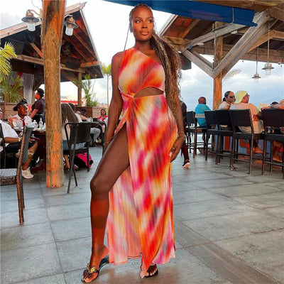 Summer Fashion Sexy Slanted Shoulder Cut Out Slim Slit Print Dress