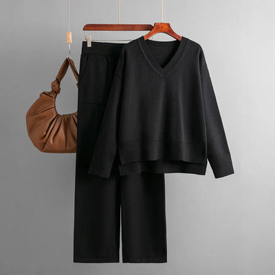 Two Piece Casual Sweater With Solid Color Pants