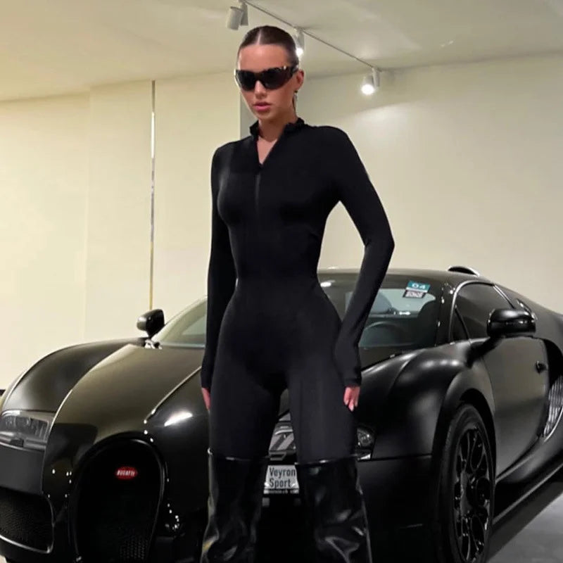 Knitted Zipper Long Sleeve Jumpsuit Fashion Sporty Slim Fit Inner Top Women