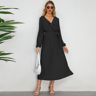 V Necked Long Sleeved Pleated Dress