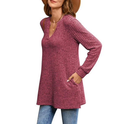 Long Knit Sleeve Solid Side Slit Loose Top With Pockets