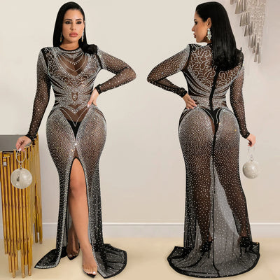 Mesh Perspective Long Sleeved Slit Long Dress