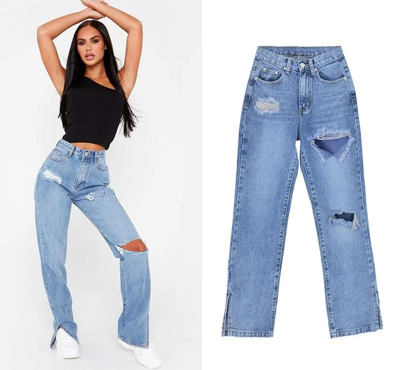 Hipster Straight Leg Jean Pants with Slit