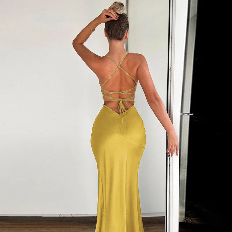 V Neck Backless Lace Up Slit Dress