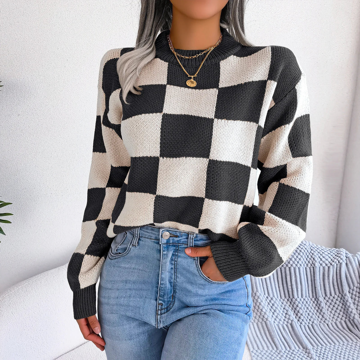 Streetwear Contrasting Plaid Long Sleeved Pullover Knit Sweater