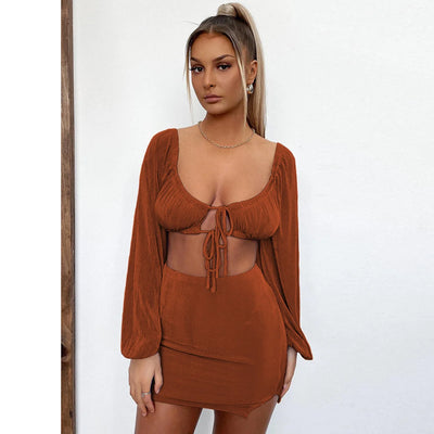Two Piece Low Cut Lace Dress Suit