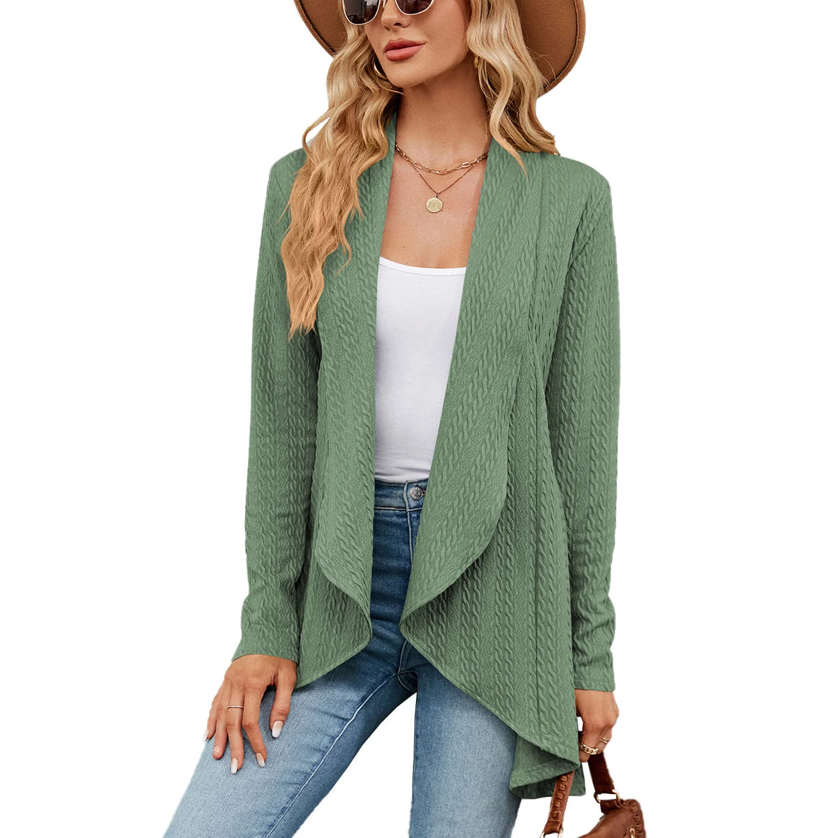 Long Sleeved Pure Color Loose Cardigan Blouse Woman Knitting Jacket