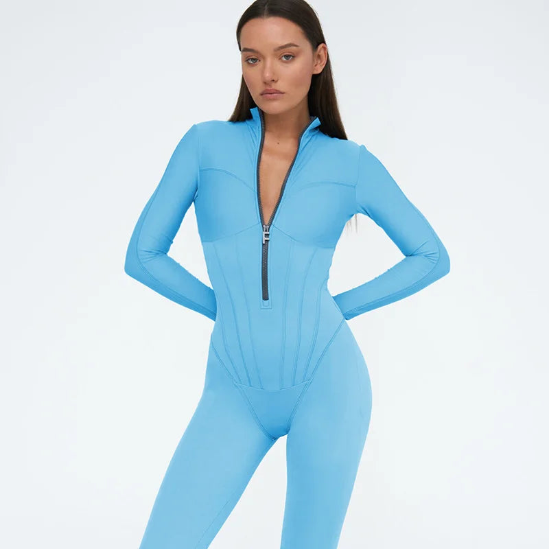 Sexy Tight Zipper One Piece Style Long Sleeve Round Neck Leggings