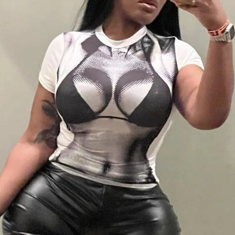 New T-Shirt 3D Body Print Slim Crew Neck Short Sleeves