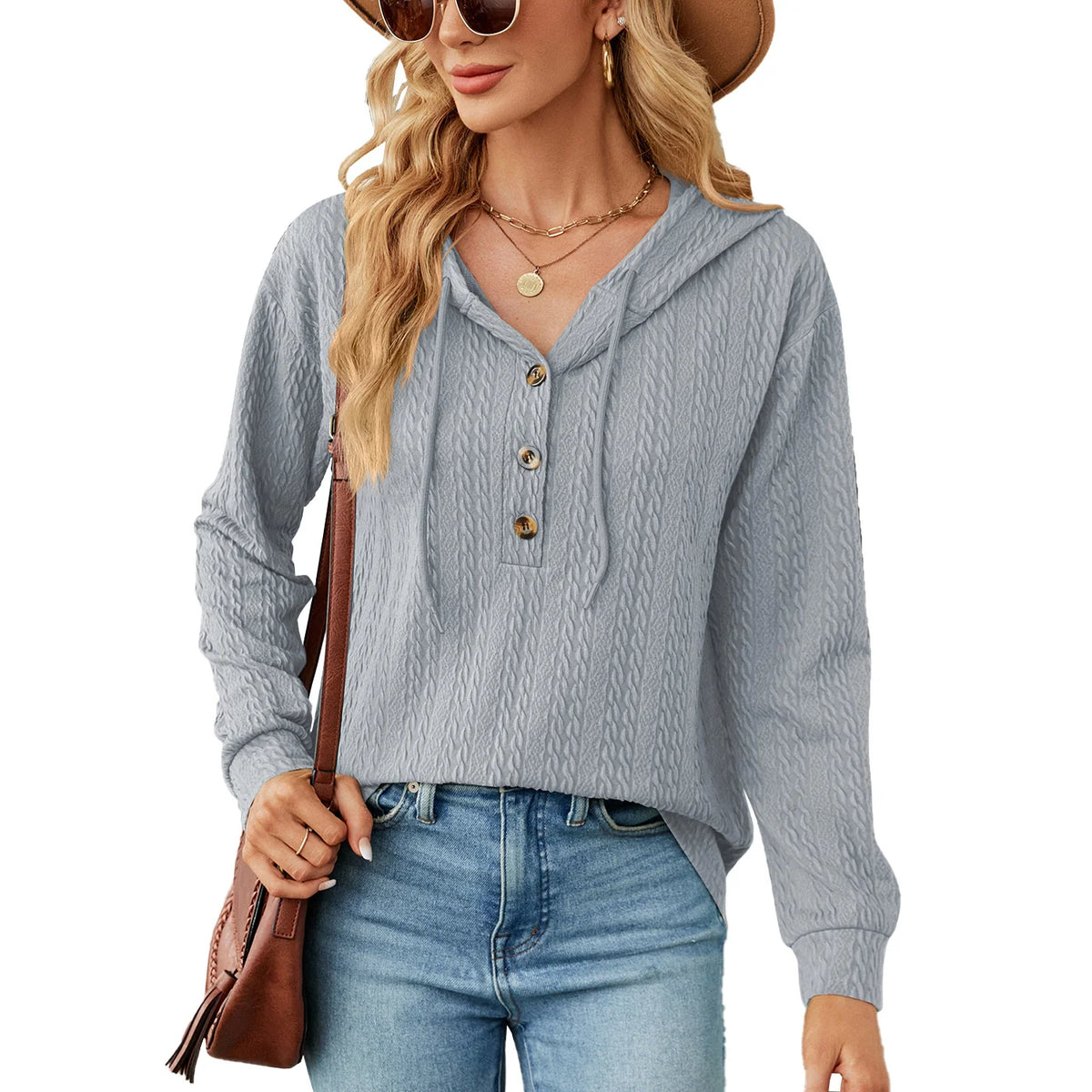 Pure Color Hooded Button Loose Long Sleeved Sweater Ladies
