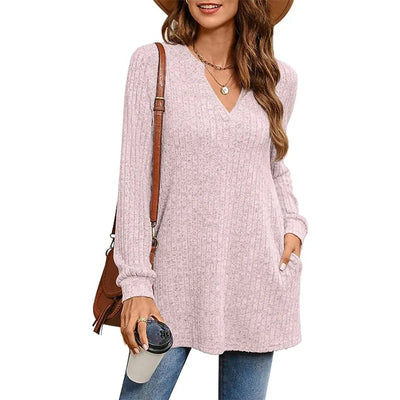 Long Knit Sleeve Solid Side Slit Loose Top With Pockets