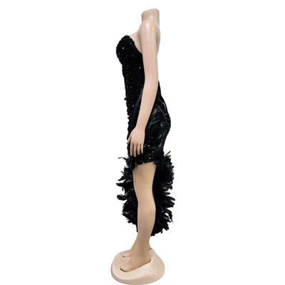 Strapless Backless Sequin Feather Dress