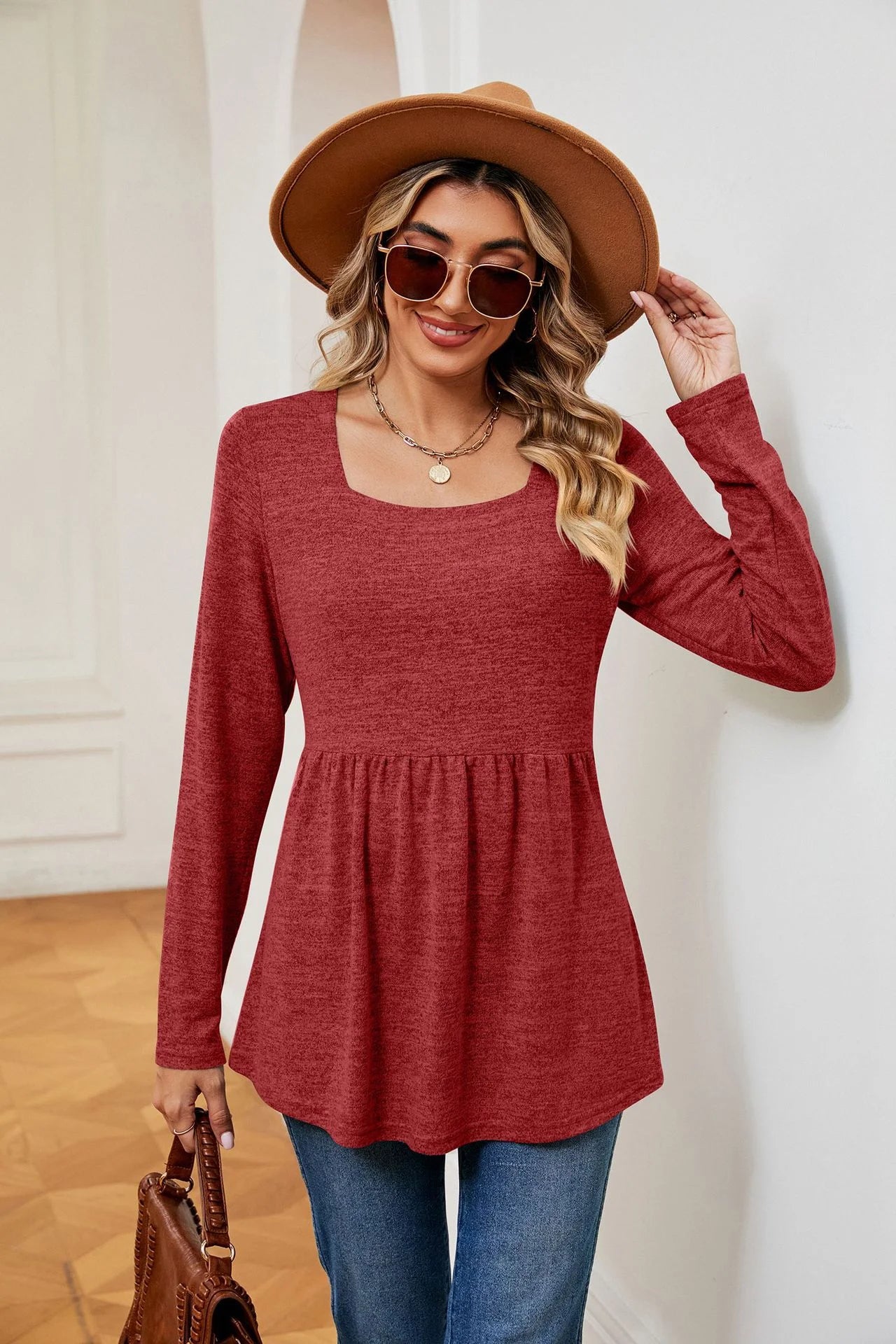 Square Neck Long Sleeve Blouse