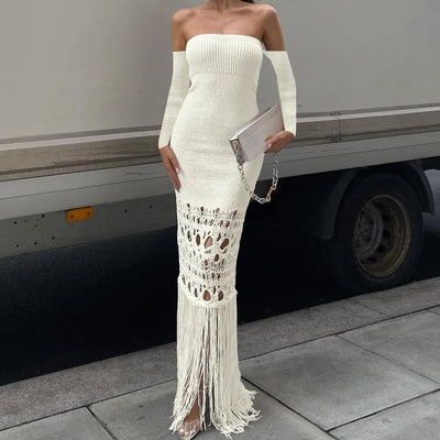 Slim Fitting Tassel Long Skirt Long Sleeved Off The Shoulder Wrap Chest Dress