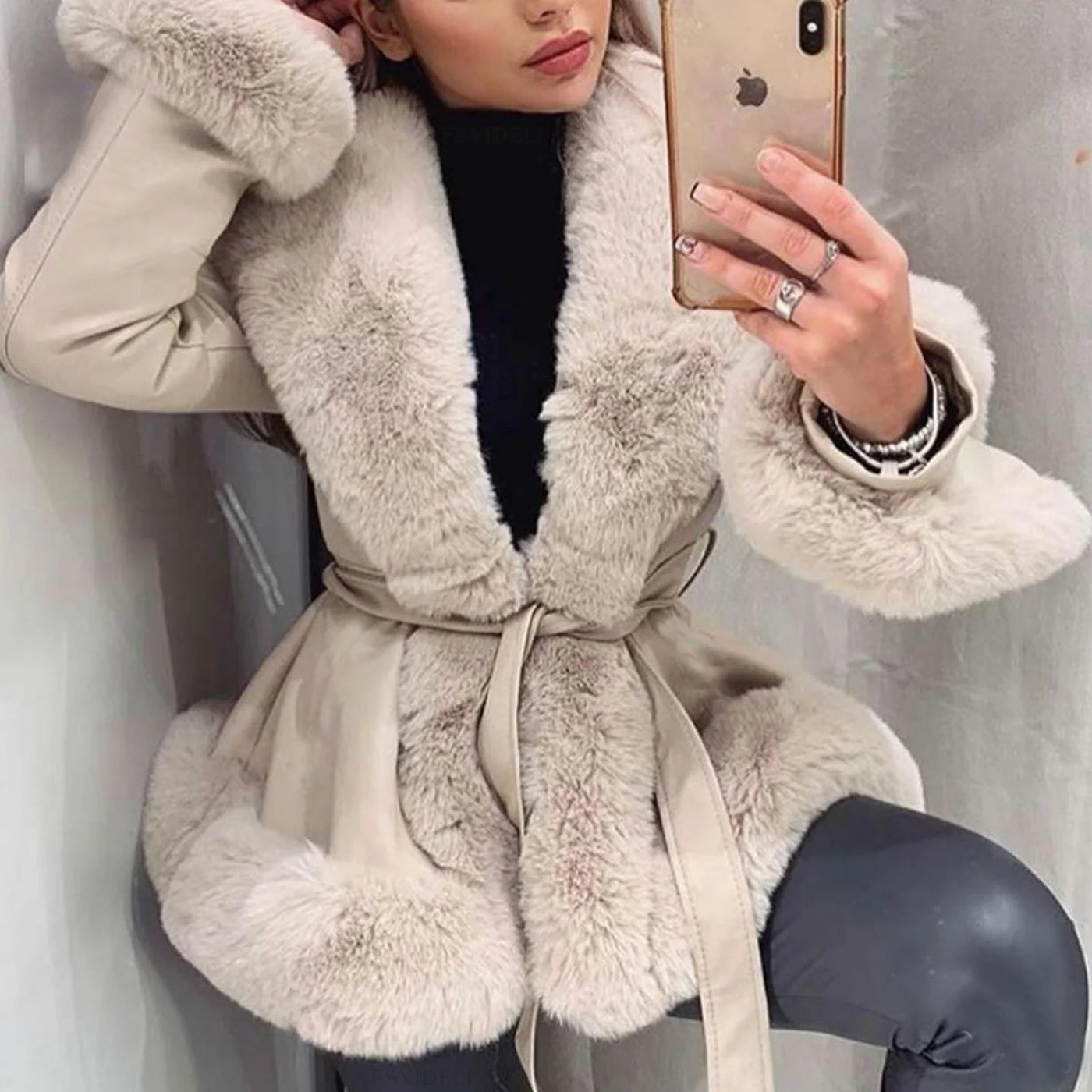 PU Fur Big Collar Tie Waist Leather Jacket
