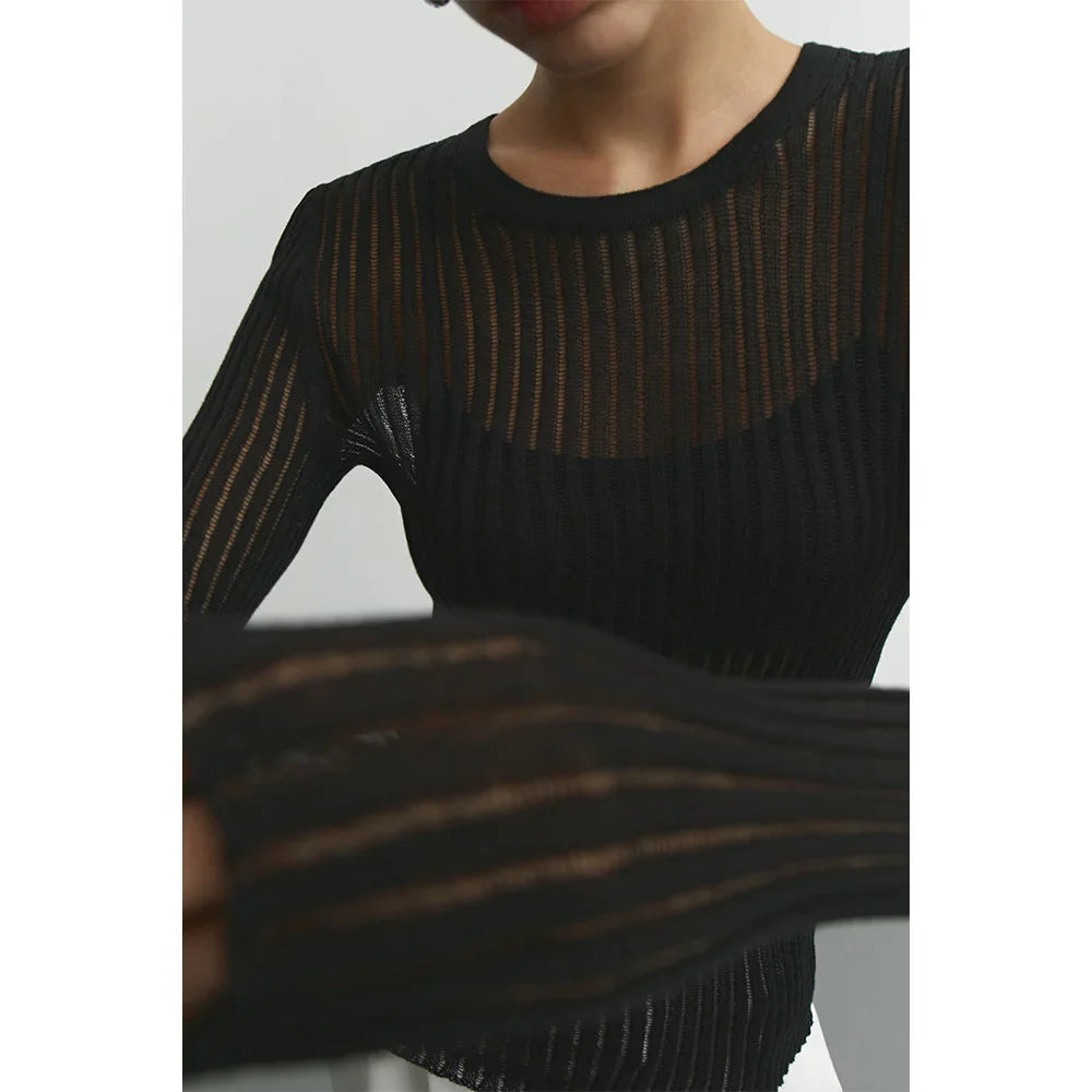 Sexy Slim Wool Round Necked Long Sleeved Thin Pit Stripe Sweater