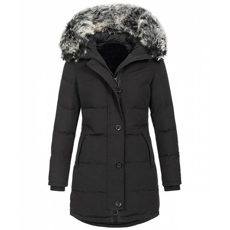 Women’s Hooded Warm Slim Cotton Jacket Mid Length Solid Color Coat